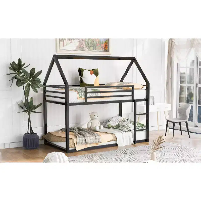 Bellemave Metal House Bunk Bed, Twin Over Twin/Twin Over Full Option, With Slide & Ladder, Guardrails, Playhouse Style Frame for Kids, Boys & Girls