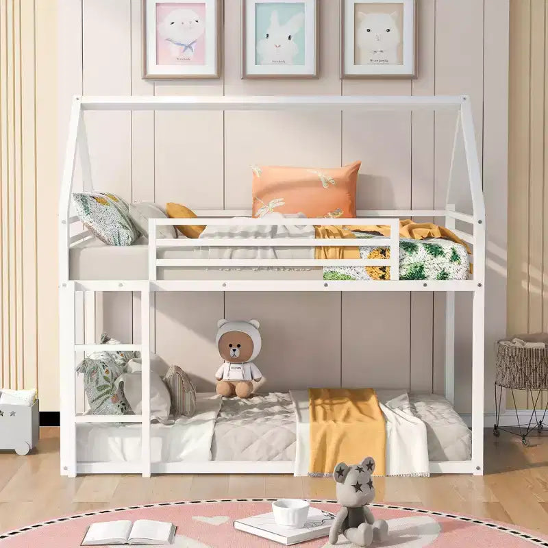 Bellemave Metal House Bunk Bed, Twin Over Twin/Twin Over Full Option, With Slide & Ladder, Guardrails, Playhouse Style Frame for Kids, Boys & Girls