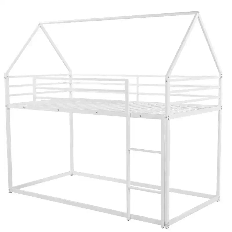 Bellemave Metal House Bunk Bed, Twin Over Twin/Twin Over Full Option, With Slide & Ladder, Guardrails, Playhouse Style Frame for Kids, Boys & Girls