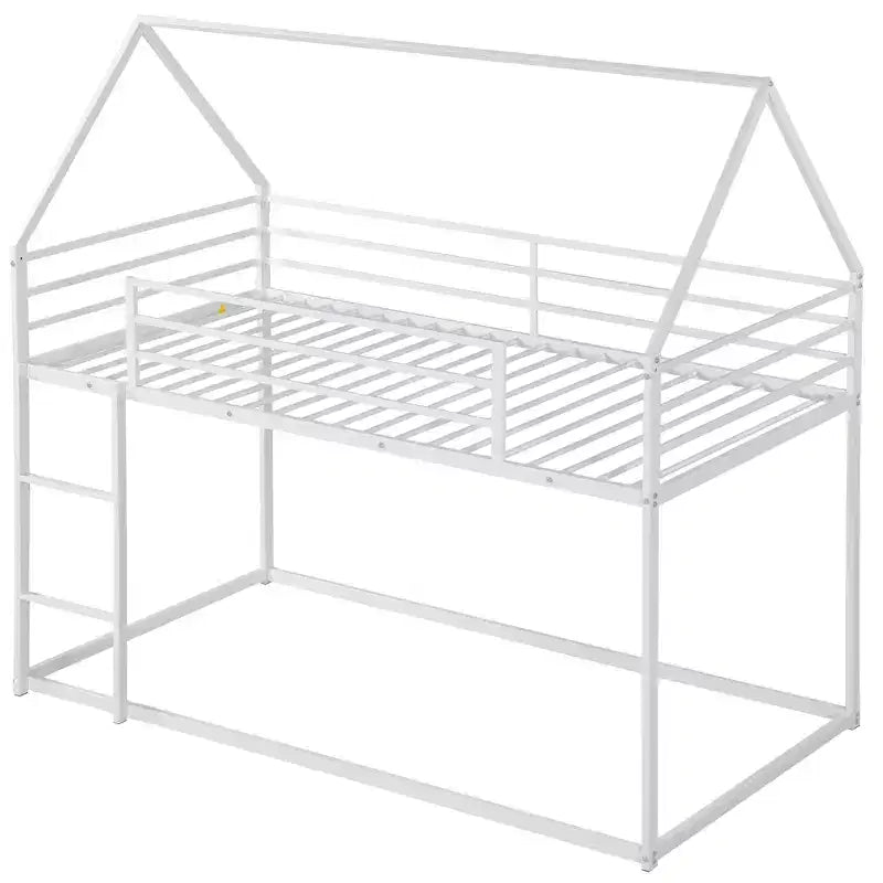 Bellemave Metal House Bunk Bed, Twin Over Twin/Twin Over Full Option, With Slide & Ladder, Guardrails, Playhouse Style Frame for Kids, Boys & Girls