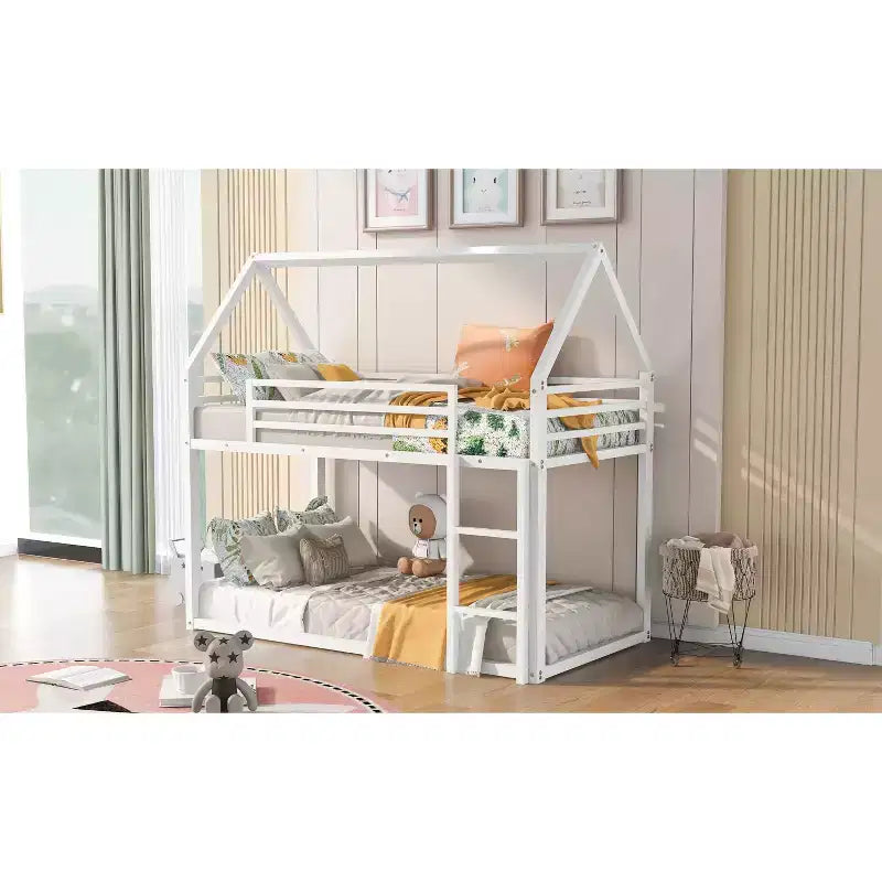 Bellemave Metal House Bunk Bed, Twin Over Twin/Twin Over Full Option, With Slide & Ladder, Guardrails, Playhouse Style Frame for Kids, Boys & Girls
