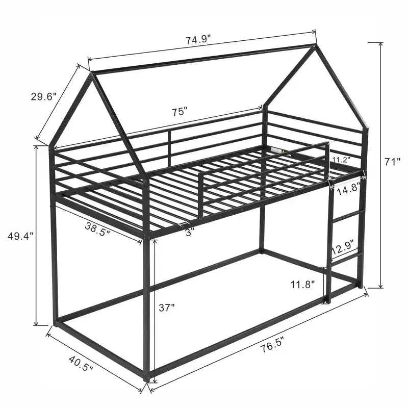 Bellemave Metal House Bunk Bed, Twin Over Twin/Twin Over Full Option, With Slide & Ladder, Guardrails, Playhouse Style Frame for Kids, Boys & Girls