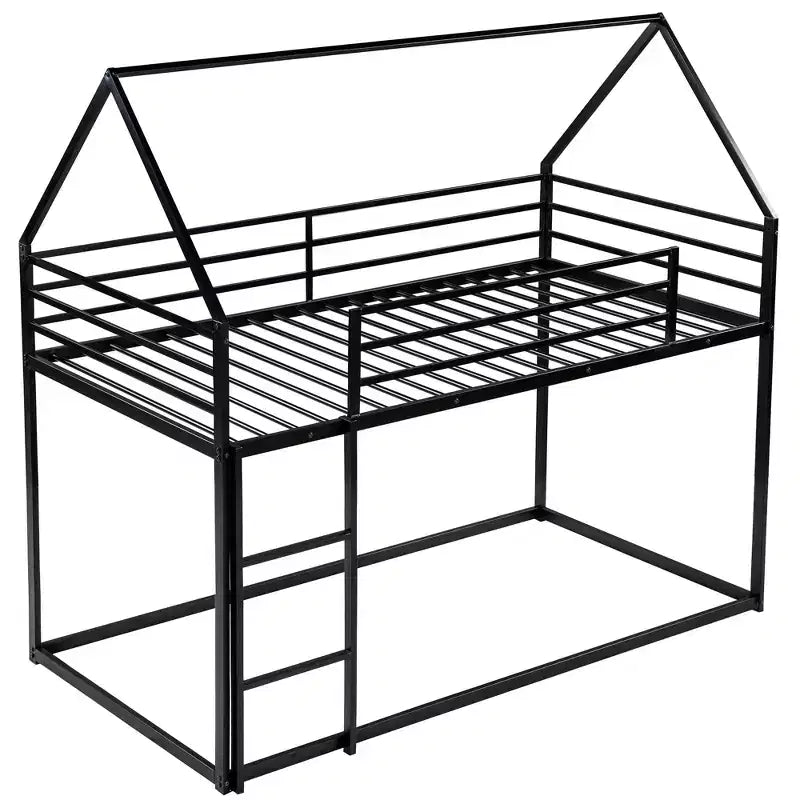 Bellemave Metal House Bunk Bed, Twin Over Twin/Twin Over Full Option, With Slide & Ladder, Guardrails, Playhouse Style Frame for Kids, Boys & Girls