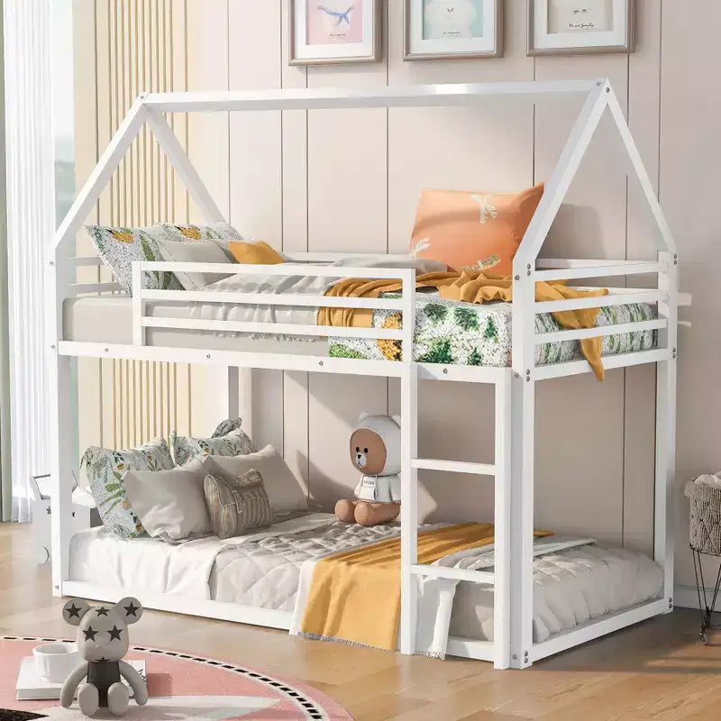 Bellemave Metal House Bunk Bed, Twin Over Twin/Twin Over Full Option, With Slide & Ladder, Guardrails, Playhouse Style Frame for Kids, Boys & Girls