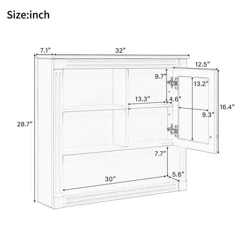 Mobiletto a specchio rettangolare in MDF da 32" L x 28" H con 5 ripiani rimovibili, cerniere a chiusura ammortizzata