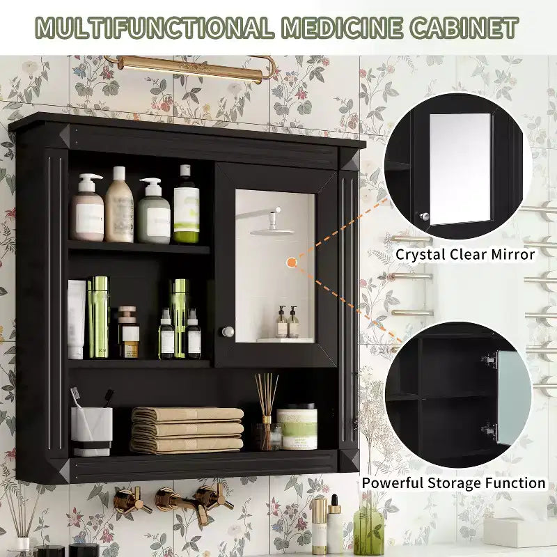 Mobiletto a specchio rettangolare in MDF da 32" L x 28" H con 5 ripiani rimovibili, cerniere a chiusura ammortizzata