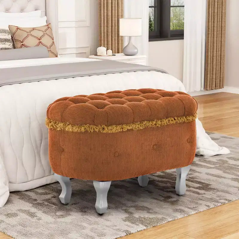 Panca contenitore imbottita da 29,5 pollici, panca con testiera in tessuto con bottoni trapuntati e frange, piano sollevabile, panca da fondo letto per camera da letto, soggiorno