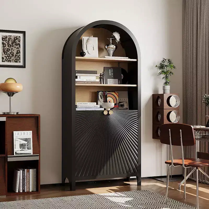 Arched Accent Storage Cabinet with Doors and Shelves, Modern Display Bookshelf with Hidden Storage for Living Room or Office - Panipeachy