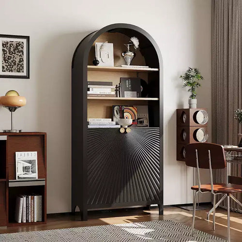Arched Accent Storage Cabinet with Doors and Shelves, Modern Display Bookshelf with Hidden Storage for Living Room or Office - Panipeachy