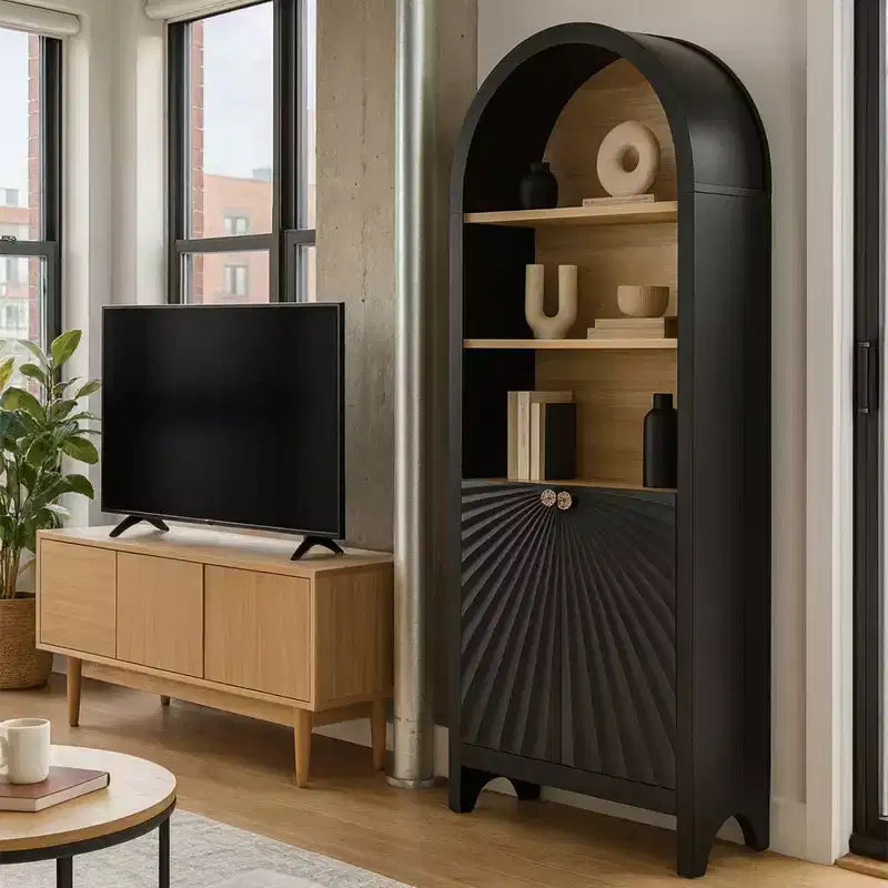 Arched Accent Storage Cabinet with Doors and Shelves, Modern Display Bookshelf with Hidden Storage for Living Room or Office - Panipeachy