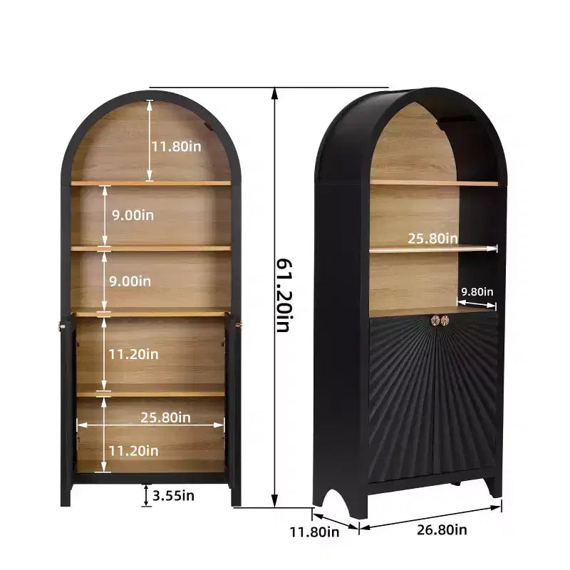 Arched Accent Storage Cabinet with Doors and Shelves, Modern Display Bookshelf with Hidden Storage for Living Room or Office - Panipeachy