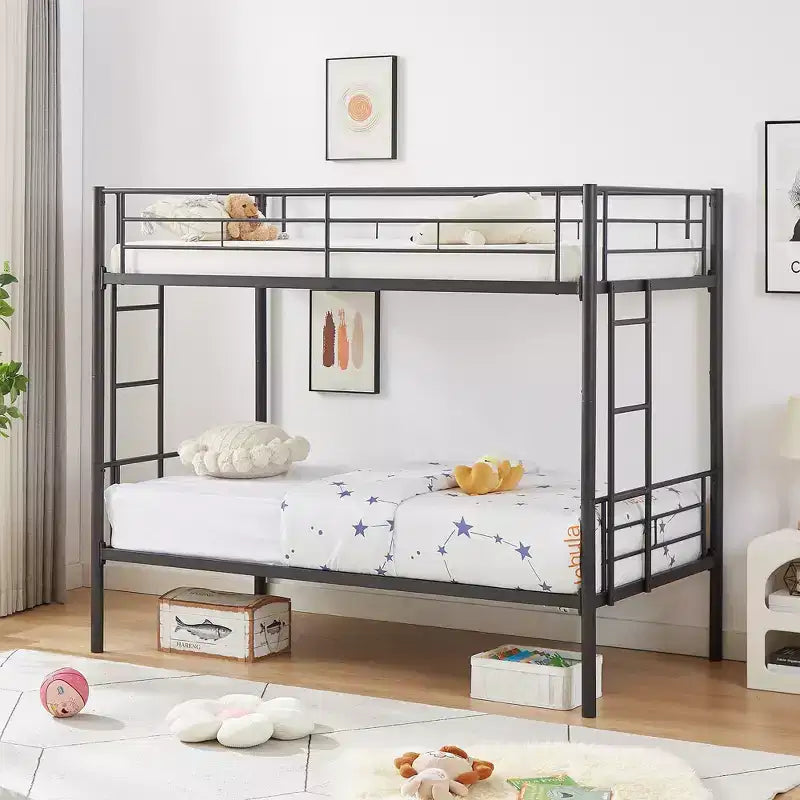 VECELO Metal Bunk Bed Twin Over Twin, Industrial Bunkbeds with Ladder and Full-Length Guardrail