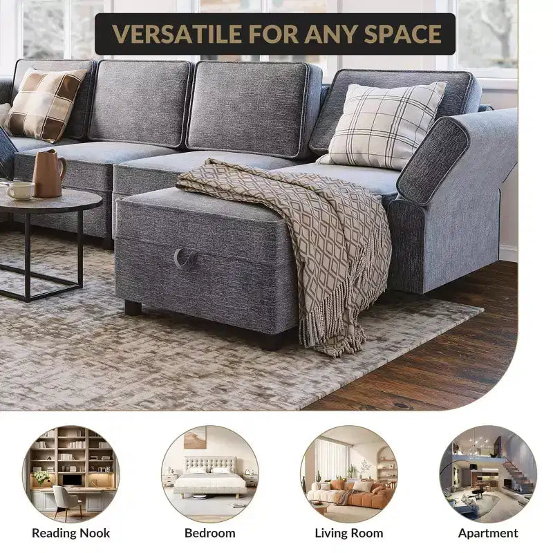26.4 inches Chenille Storage Module for Sectional Sofa, Square Ottoman Module for Sectional Sleeper Sofa, for Couch Living Room Dark Grey, Grey