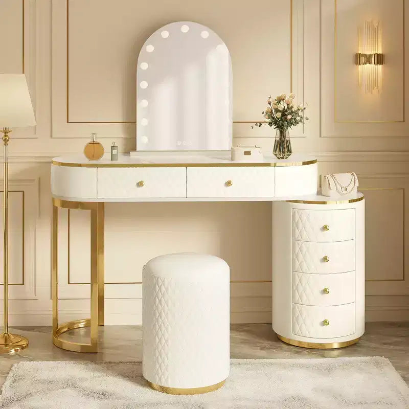 GDFStudio Aurora Modern Wood Makeup Vanity Table Set with Stool, LED Mirror and 6 PU Leather Storage Drawers