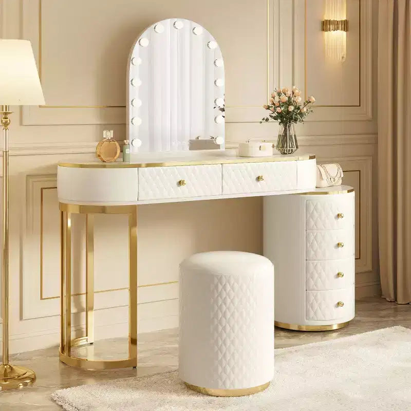 GDFStudio Aurora Modern Wood Makeup Vanity Table Set with Stool, LED Mirror and 6 PU Leather Storage Drawers