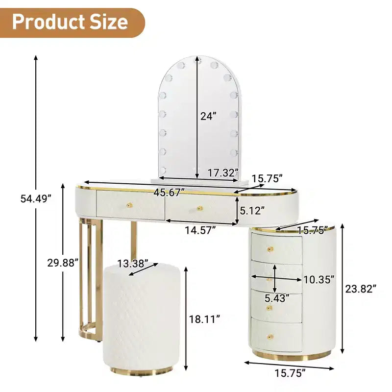 GDFStudio Aurora Modern Wood Makeup Vanity Table Set with Stool, LED Mirror and 6 PU Leather Storage Drawers