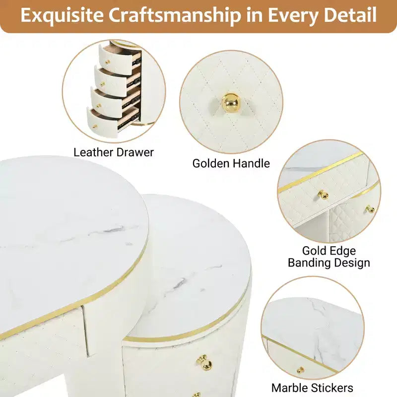 GDFStudio Aurora Modern Wood Makeup Vanity Table Set with Stool, LED Mirror and 6 PU Leather Storage Drawers