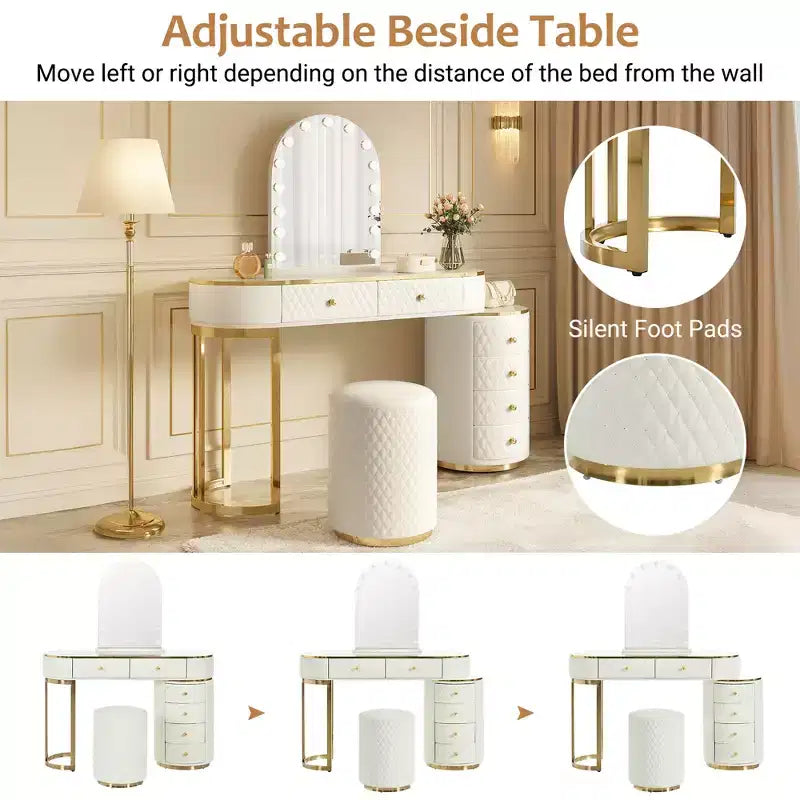 GDFStudio Aurora Modern Wood Makeup Vanity Table Set with Stool, LED Mirror and 6 PU Leather Storage Drawers