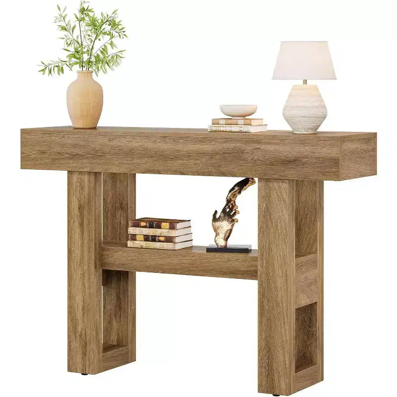 Lantine 41.34 Rustic Console Table with 2-Tier Storage, Narrow Light Brown Sofa Furniture for Foyer, Living Room, Entrance, Hallway.