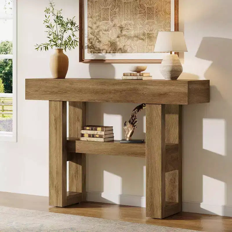 Lantine 41.34 Console rustique avec 2 niveaux de rangement, meuble de canapé étroit marron clair pour hall, salon, entrée, couloir.