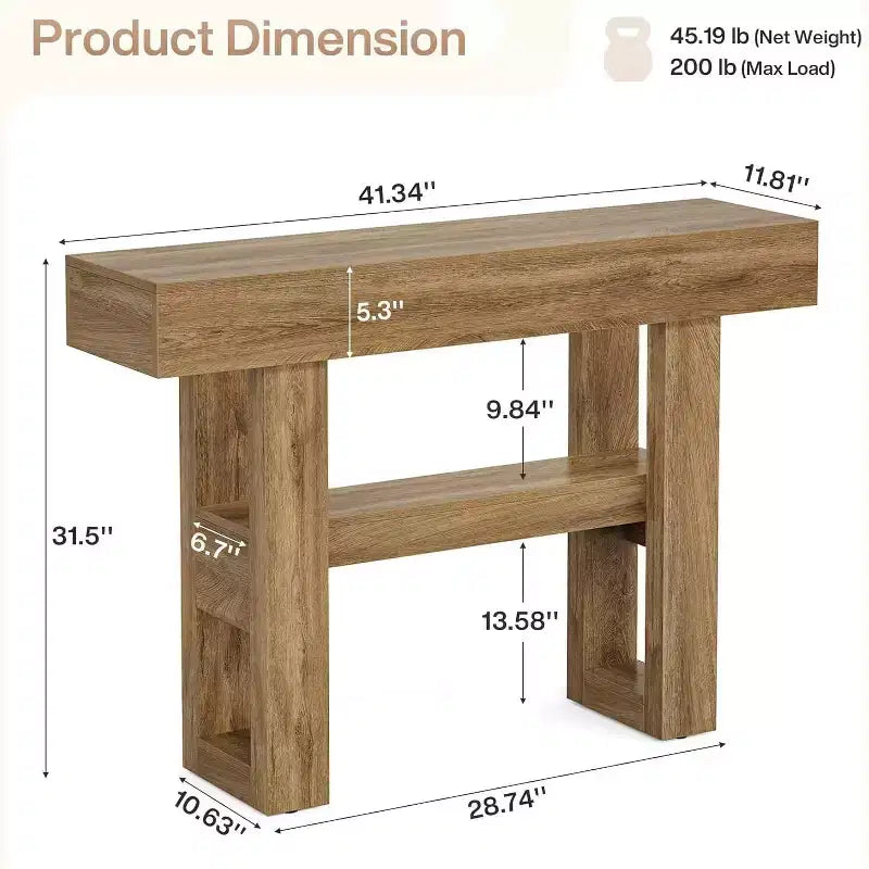 Lantine 41.34 Console rustique avec 2 niveaux de rangement, meuble de canapé étroit marron clair pour hall, salon, entrée, couloir.
