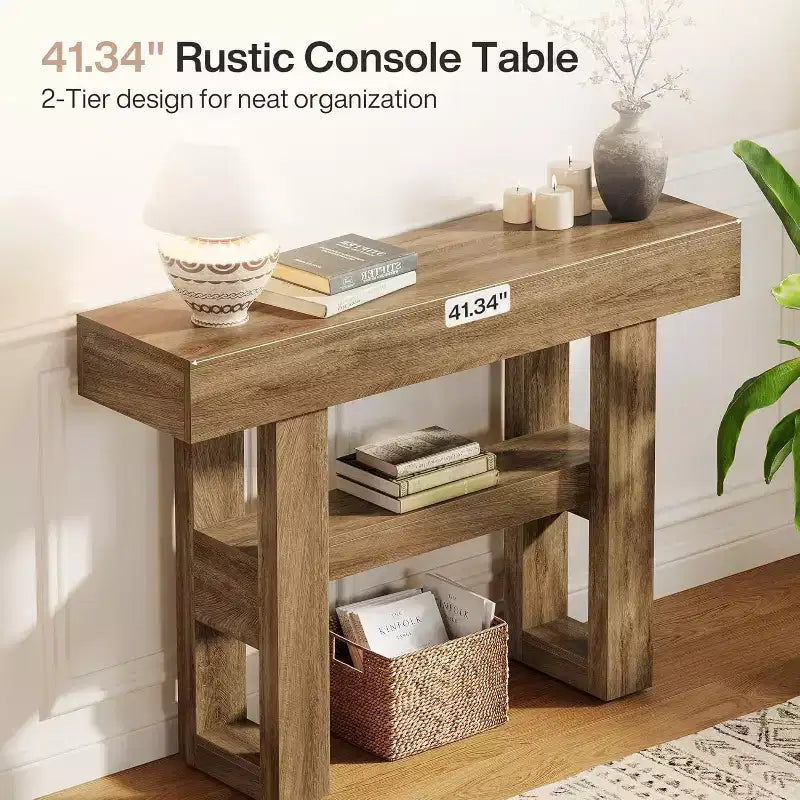 Lantine 41.34 Console rustique avec 2 niveaux de rangement, meuble de canapé étroit marron clair pour hall, salon, entrée, couloir.