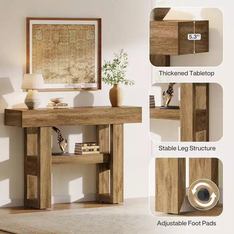 Lantine 41.34 Console rustique avec 2 niveaux de rangement, meuble de canapé étroit marron clair pour hall, salon, entrée, couloir.
