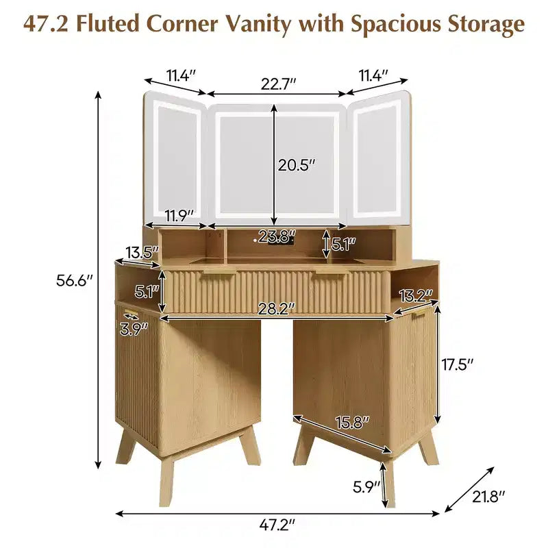 Whisen 47.2 Corner Makeup Vanity Desk, Modern Small Corner Dressing Table Vanity with Mirror, 1 Drawer & 2 Cabinets
