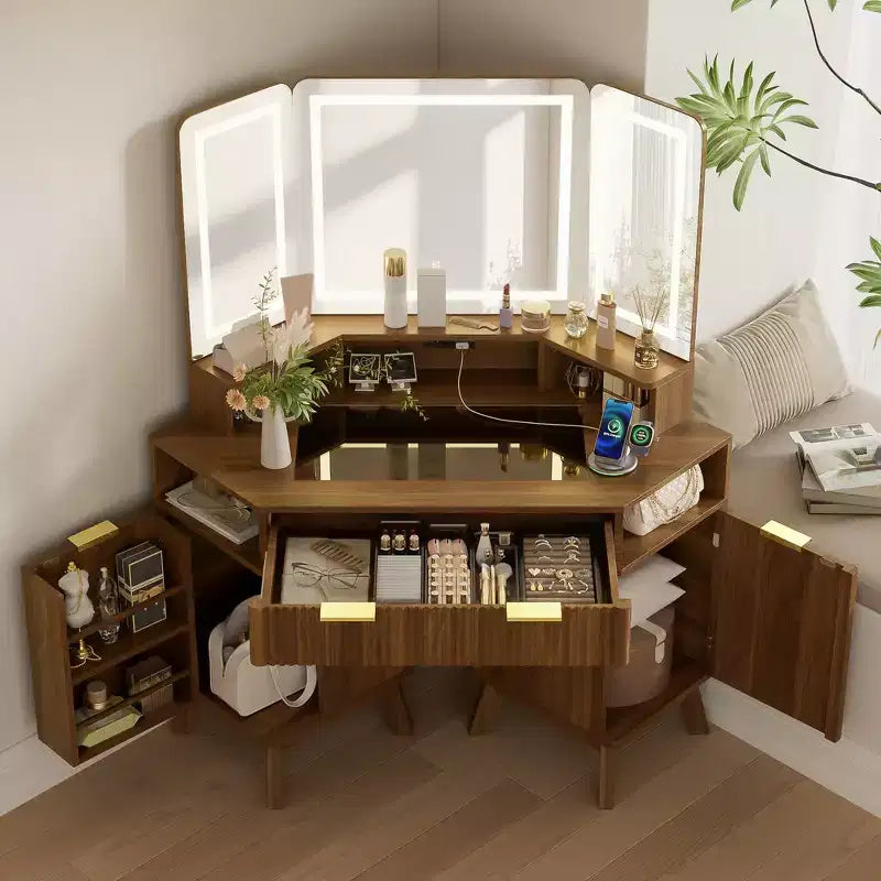 Whisen 47.2 Corner Makeup Vanity Desk, Modern Small Corner Dressing Table Vanity with Mirror, 1 Drawer & 2 Cabinets