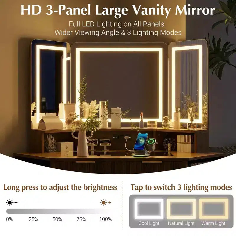 Whisen 47.2 Corner Makeup Vanity Desk, Modern Small Corner Dressing Table Vanity with Mirror, 1 Drawer & 2 Cabinets