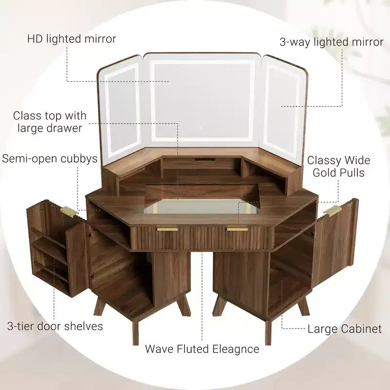 Whisen 47.2 Corner Makeup Vanity Desk, Modern Small Corner Dressing Table Vanity with Mirror, 1 Drawer & 2 Cabinets