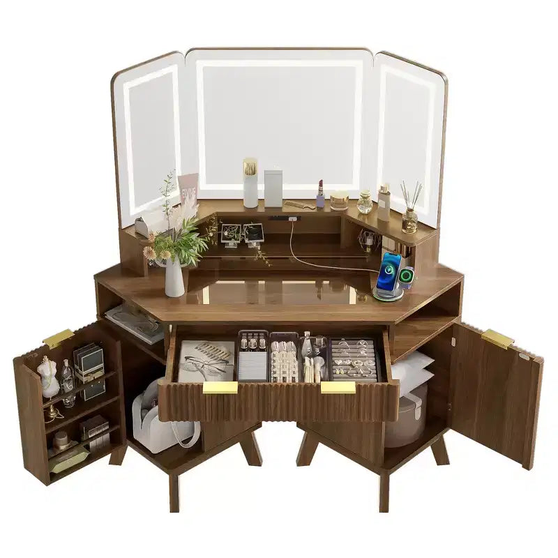 Whisen 47.2 Corner Makeup Vanity Desk, Modern Small Corner Dressing Table Vanity with Mirror, 1 Drawer & 2 Cabinets