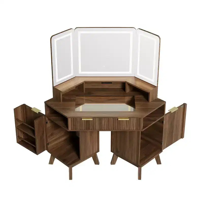 Whisen 47.2 Corner Makeup Vanity Desk, Modern Small Corner Dressing Table Vanity with Mirror, 1 Drawer & 2 Cabinets