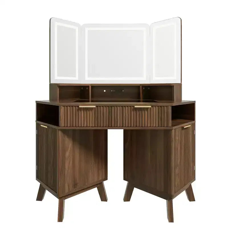 Whisen 47.2 Corner Makeup Vanity Desk, Modern Small Corner Dressing Table Vanity with Mirror, 1 Drawer & 2 Cabinets