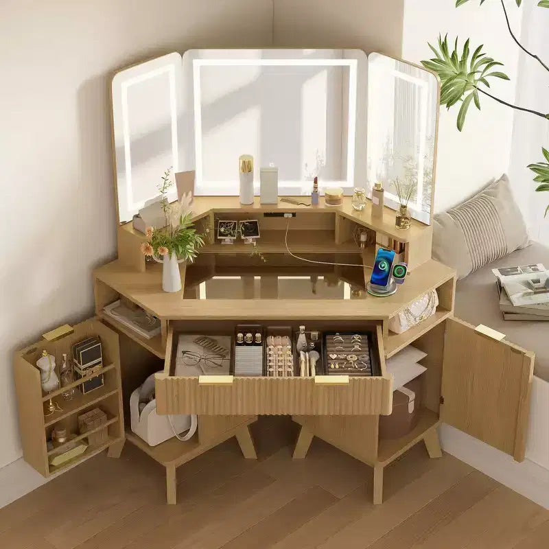 Whisen 47.2 Corner Makeup Vanity Desk, Modern Small Corner Dressing Table Vanity with Mirror, 1 Drawer & 2 Cabinets