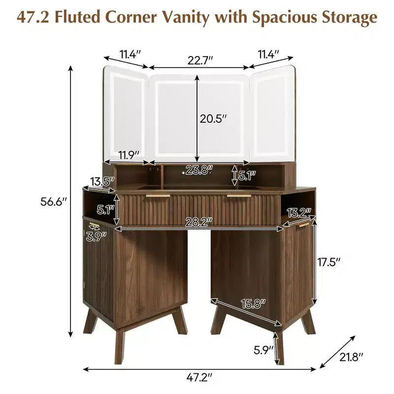 Whisen 47.2 Corner Makeup Vanity Desk, Modern Small Corner Dressing Table Vanity with Mirror, 1 Drawer & 2 Cabinets