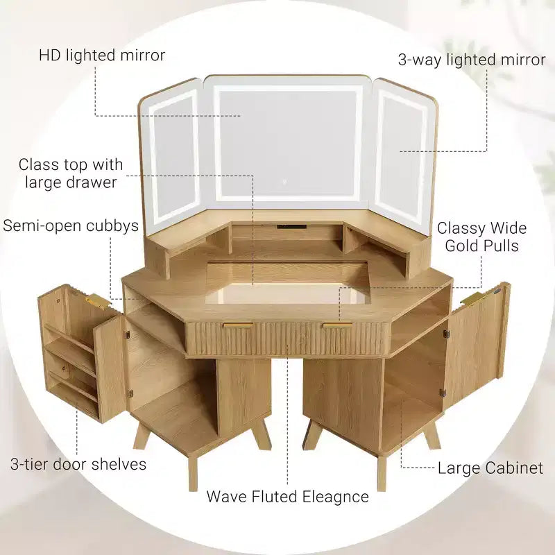 Whisen 47.2 Corner Makeup Vanity Desk, Modern Small Corner Dressing Table Vanity with Mirror, 1 Drawer & 2 Cabinets