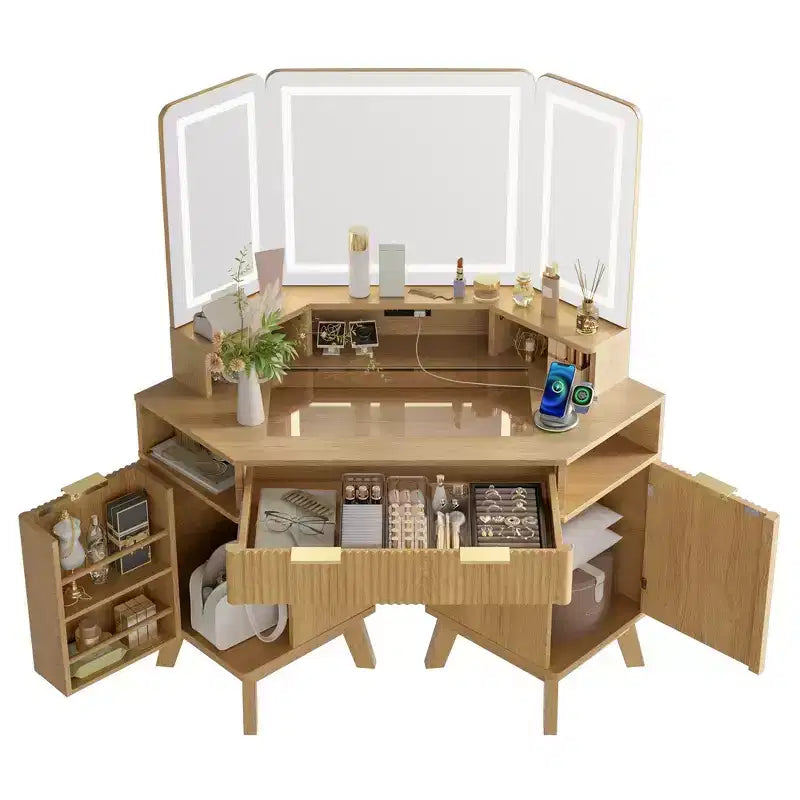 Whisen 47.2 Corner Makeup Vanity Desk, Modern Small Corner Dressing Table Vanity with Mirror, 1 Drawer & 2 Cabinets