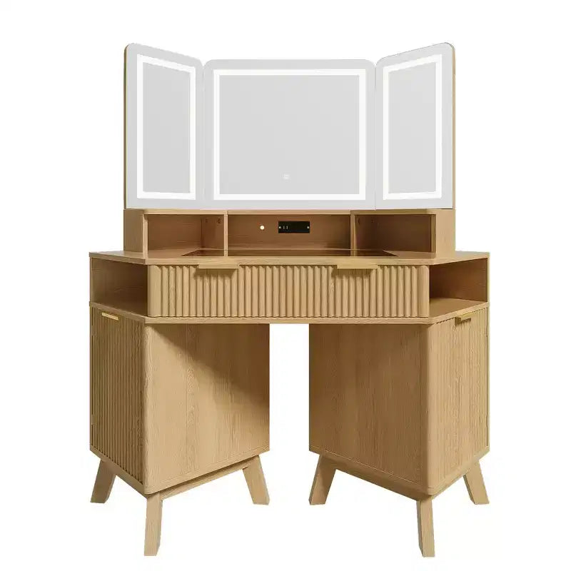 Whisen 47.2 Corner Makeup Vanity Desk, Modern Small Corner Dressing Table Vanity with Mirror, 1 Drawer & 2 Cabinets