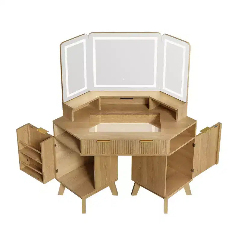 Whisen 47.2 Corner Makeup Vanity Desk, Modern Small Corner Dressing Table Vanity with Mirror, 1 Drawer & 2 Cabinets