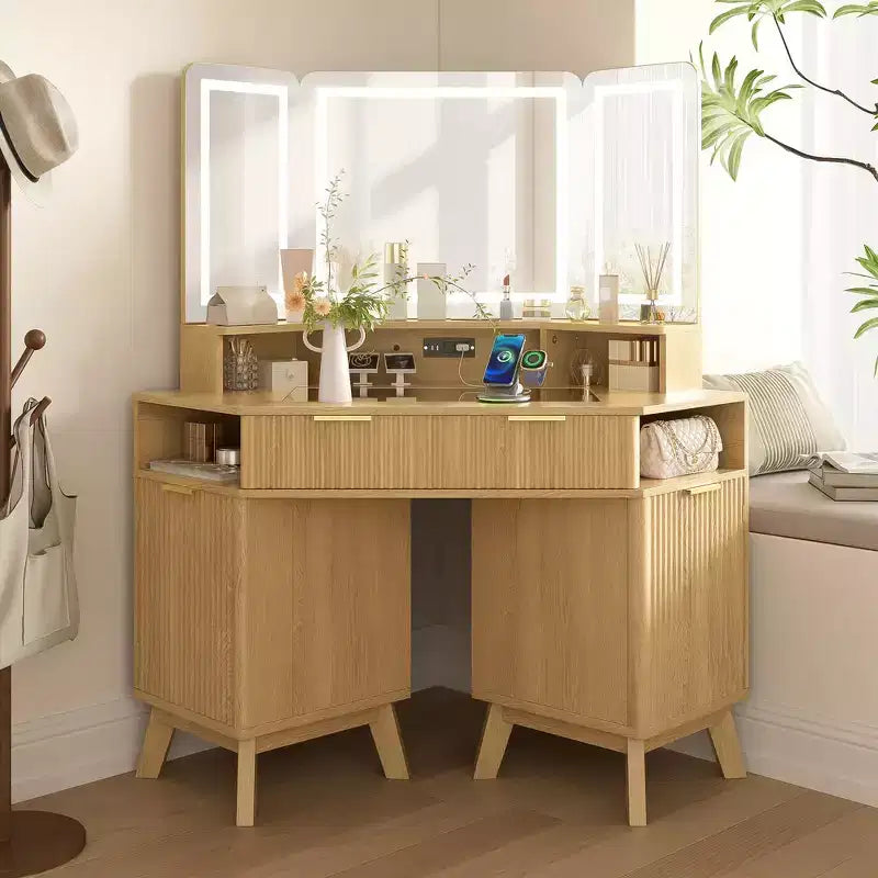 Whisen 47.2 Corner Makeup Vanity Desk, Modern Small Corner Dressing Table Vanity with Mirror, 1 Drawer & 2 Cabinets