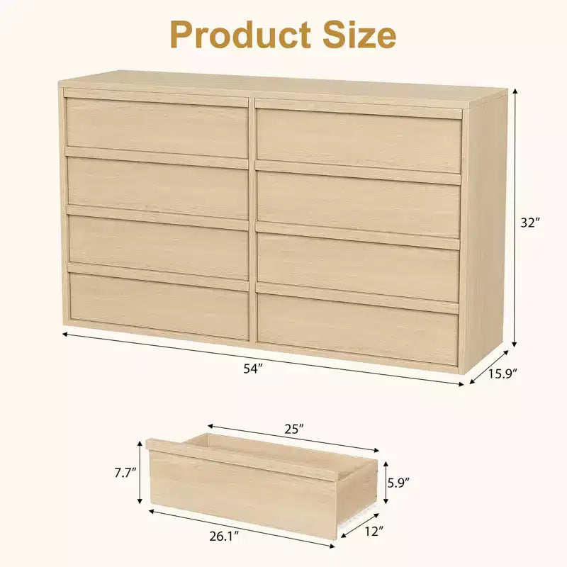 Commode 8 tiroirs en chêne naturel de 54 po pour chambre à coucher, grande commode en bois avec organisateur de rangement pour salon, entrée et chambre de bébé