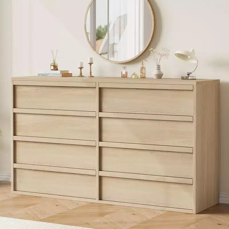Commode 8 tiroirs en chêne naturel de 54 po pour chambre à coucher, grande commode en bois avec organisateur de rangement pour salon, entrée et chambre de bébé