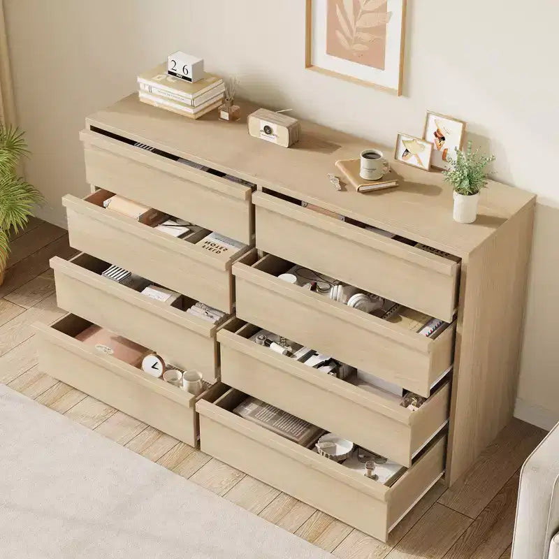 Commode 8 tiroirs en chêne naturel de 54 po pour chambre à coucher, grande commode en bois avec organisateur de rangement pour salon, entrée et chambre de bébé