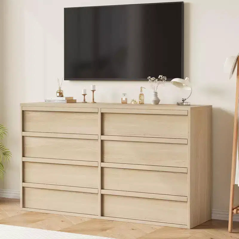 Commode 8 tiroirs en chêne naturel de 54 po pour chambre à coucher, grande commode en bois avec organisateur de rangement pour salon, entrée et chambre de bébé