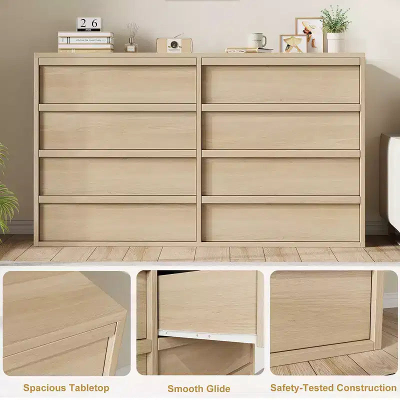 Commode 8 tiroirs en chêne naturel de 54 po pour chambre à coucher, grande commode en bois avec organisateur de rangement pour salon, entrée et chambre de bébé