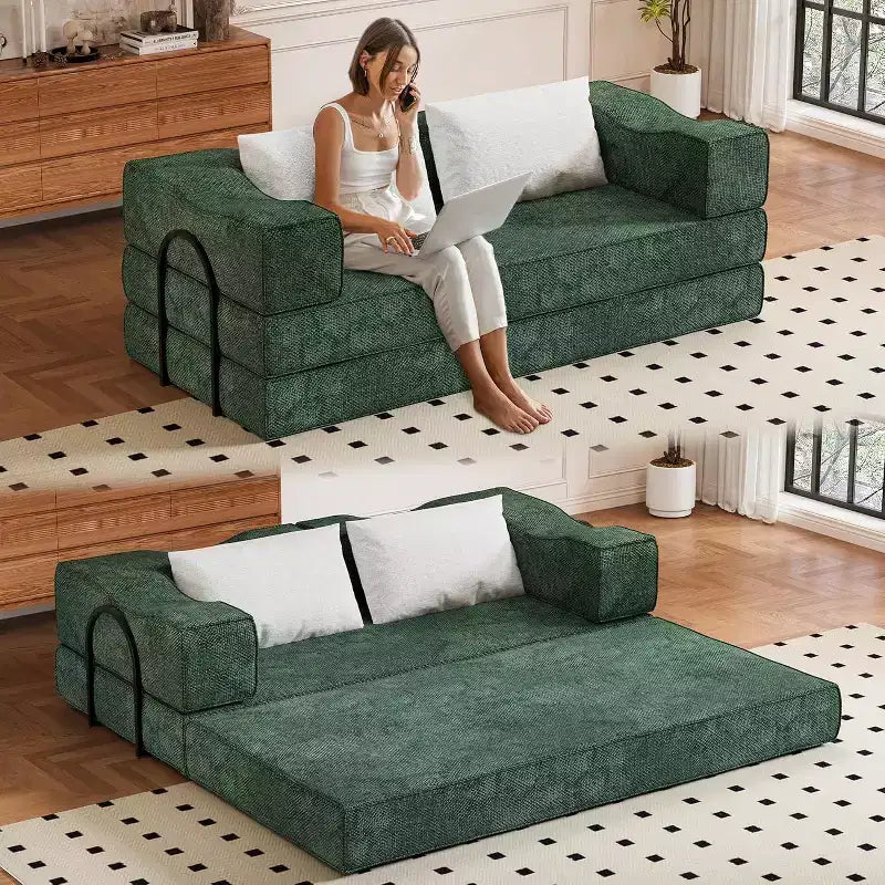 MooxvMoo 80 Convertible Couch Bed with 2 Pillows, 3-Seat Floor Sofa, King Size Sleeper, DIY Combination, Chenille, Green