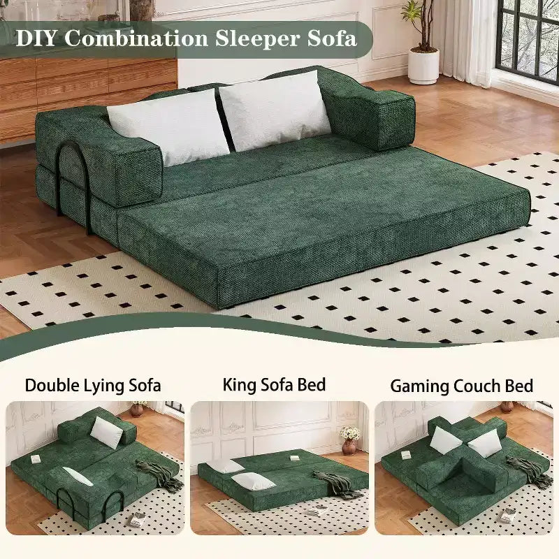 MooxvMoo 80 Convertible Couch Bed with 2 Pillows, 3-Seat Floor Sofa, King Size Sleeper, DIY Combination, Chenille, Green
