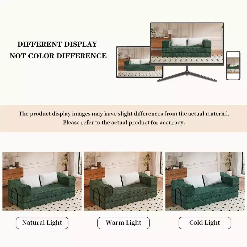 MooxvMoo 80 Convertible Couch Bed with 2 Pillows, 3-Seat Floor Sofa, King Size Sleeper, DIY Combination, Chenille, Green