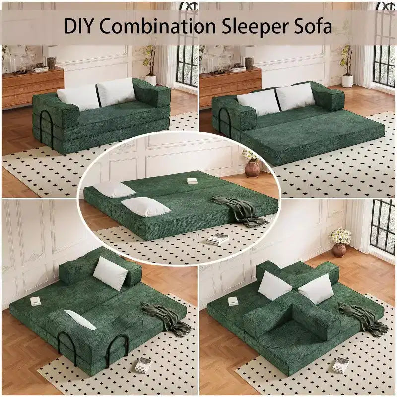 MooxvMoo 80 Convertible Couch Bed with 2 Pillows, 3-Seat Floor Sofa, King Size Sleeper, DIY Combination, Chenille, Green